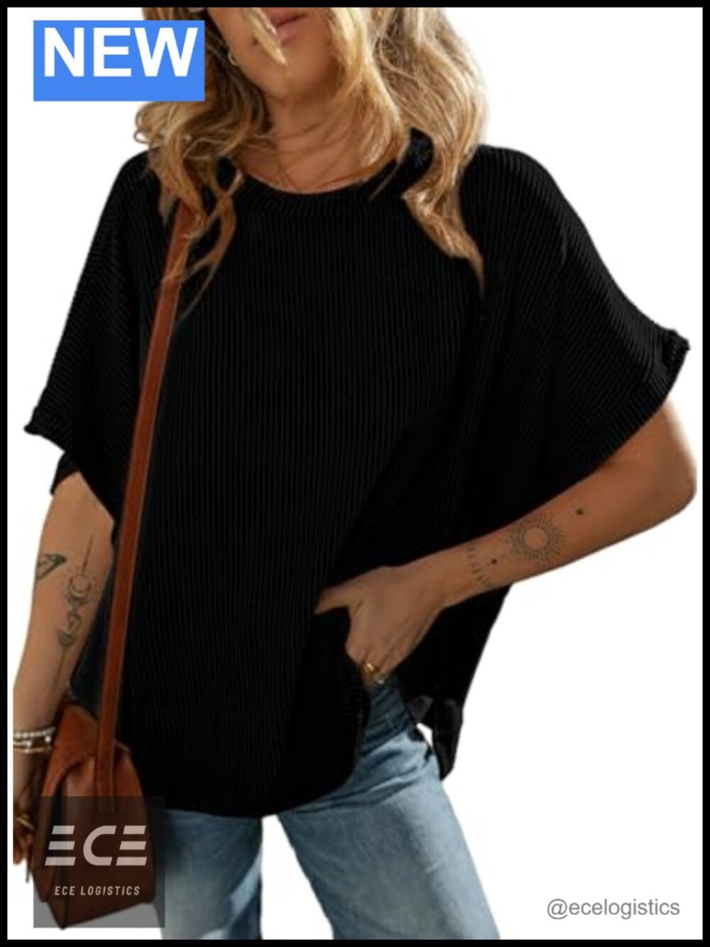 Womens Oversized Tunic Top Short Sleeve Knit Dolman Loose Fit T-Shirt